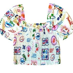 Monteau Linen blend Top Smocked Puff sleeves Square neck Womens M NEW Summer